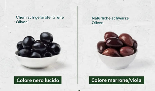 Chemisch gefärbte 'Grüne Oliven' vs natürliche schwarze Oliven